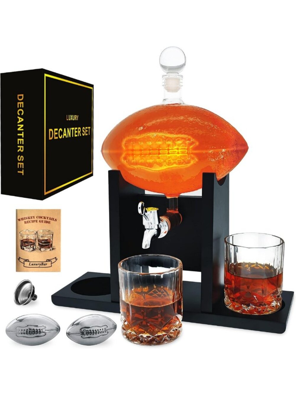 Football Whiskey Decanter Set with Chiller Spout - 47oz Perfect Gift for Men